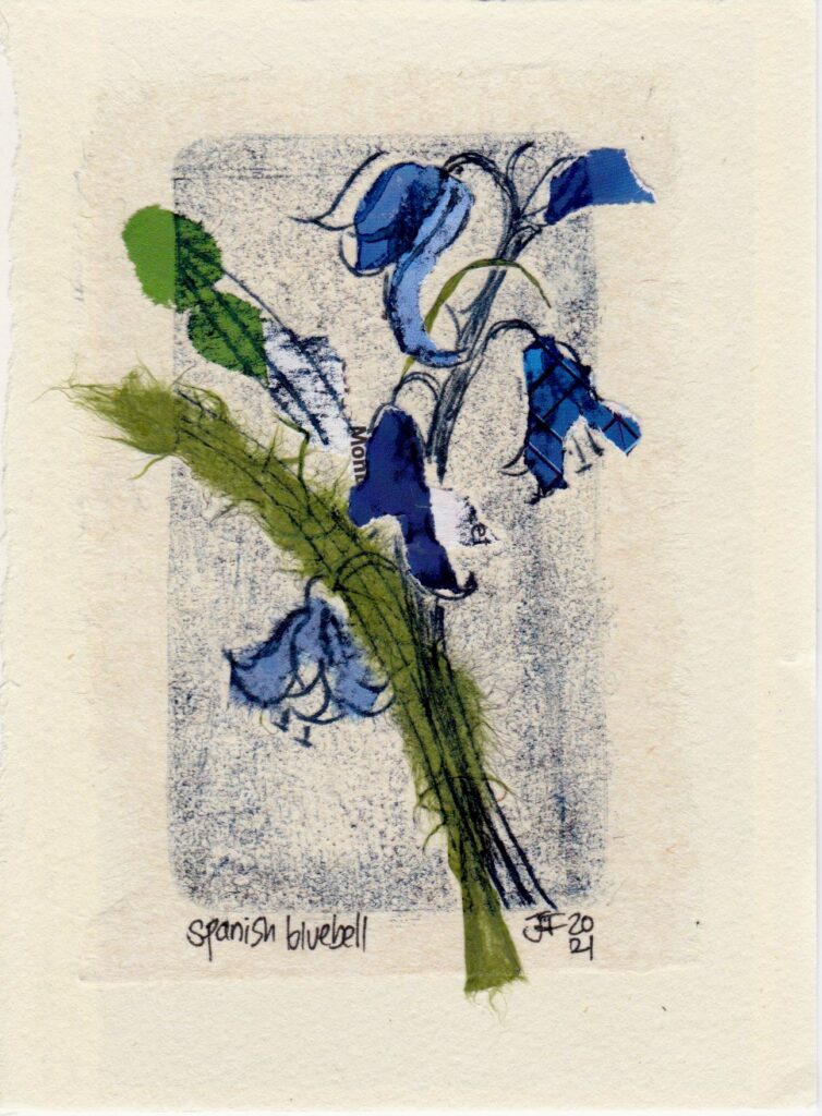 A monoprint collage of Spanish Bluebell with bright dark blue collaged flowers and long sap green leaves on a blue black inky background.